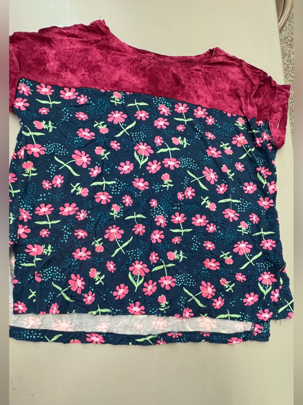 LuLaRoe Navy Floral Short Sleeve Top with Pink and Green Print